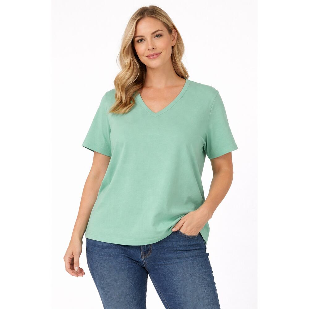Denim And Co Womens 1X Mint Green V Neck Short Sleeve Stretch Tee